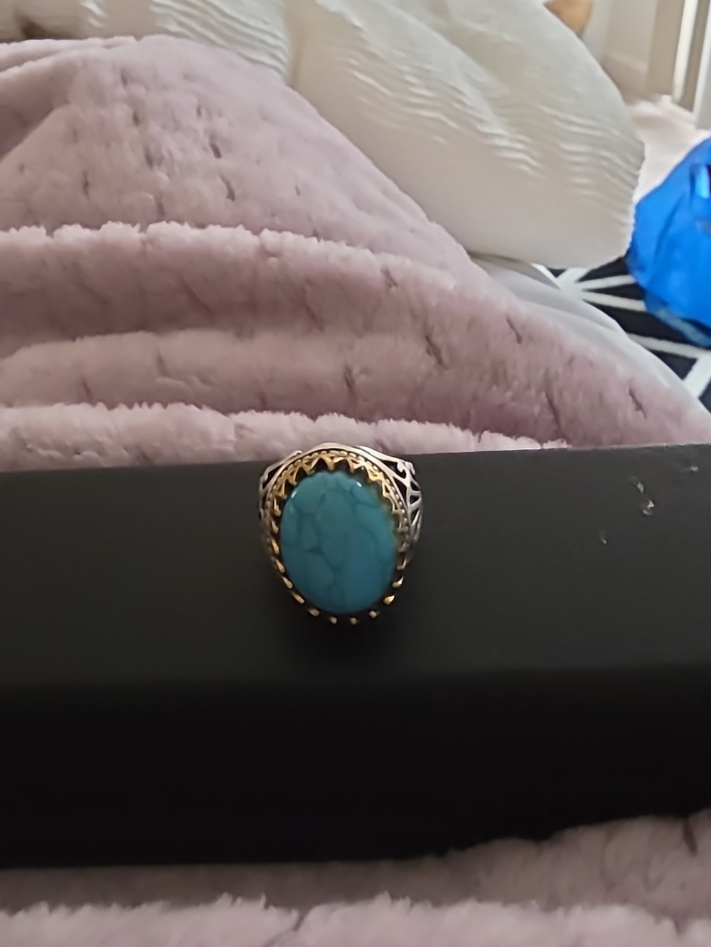 Turquoise Oval Cabochon Ring with Gold & Silver Tone Accents